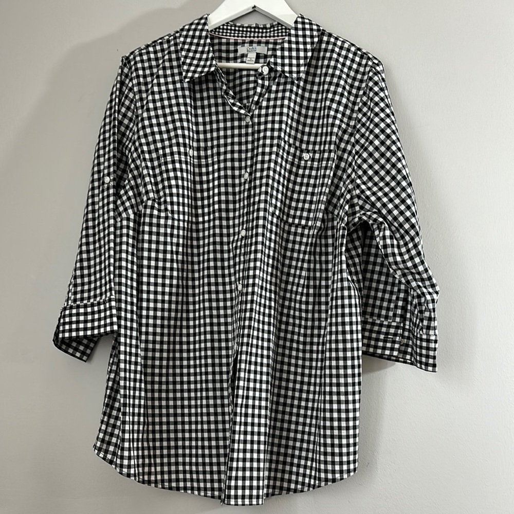💚10 Croft & Barrow Shirt Black White Gingham Button Up Roll Tab 3/4 Sleeve 1X